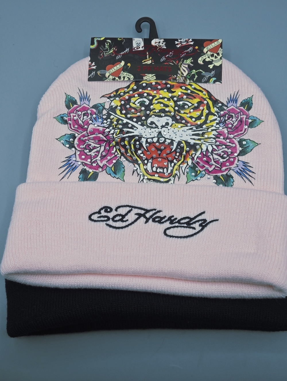Ed Hardy Pink And Black Tiger Beanie Set Of 2 Hats